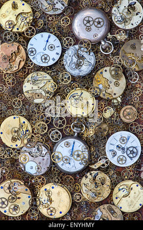 Old pocket watches, movements and cogs Stock Photo