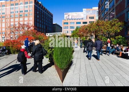 USA, New York, Manhattan, people walking along the Sundeck beside plants in autumn colours leading to the Chelsea Market Passage on the High Line linear park on a disused elevated railroad spur called the West Side Line. Stock Photo