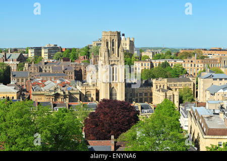 The view of Bristol Wills Memorial building from the top of Cabot Tower in Brandon Hill in Bristol. Stock Photo