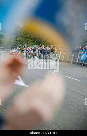 Final stage 2015 Tour de Yorkshire, Roundhay Park, Leeds, West Yorkshire, Group of cyclists 300 yards from finish line Stock Photo