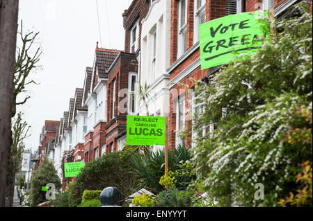 Strong support for Caroline Lucas of Green Party on the streets of Brighton & Hove in the run up to the 2015 general election. Stock Photo