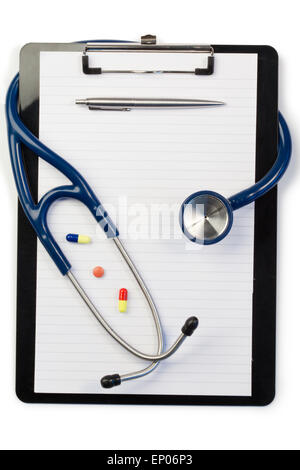 Note pad and stethoscope with pen at the top and pills Stock Photo