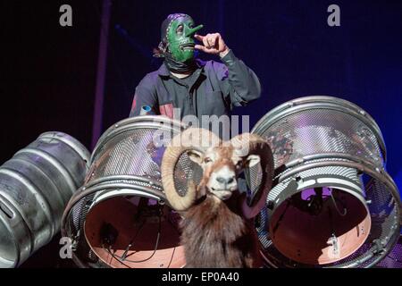 Somerset, Wisconsin, USA. 9th May, 2015. Percussionist CHRIS FEHN of Slipknot performs live on stage at the inaugural Northern Invasion music festival during 'The World's Loudest Month' at Somerset Amphitheater in Somerset, Wisconsin © Daniel DeSlover/ZUMA Wire/Alamy Live News Stock Photo