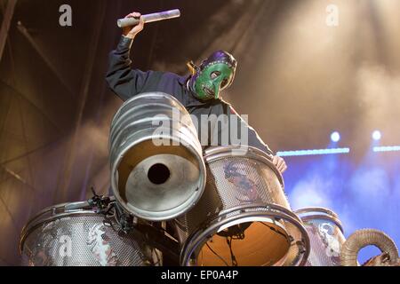 Somerset, Wisconsin, USA. 9th May, 2015. Percussionist CHRIS FEHN of Slipknot performs live on stage at the inaugural Northern Invasion music festival during 'The World's Loudest Month' at Somerset Amphitheater in Somerset, Wisconsin © Daniel DeSlover/ZUMA Wire/Alamy Live News Stock Photo