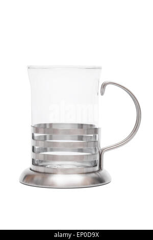 glass mug in steel frame on a white background Stock Photo