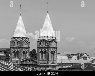 Horizontal photo of the towers of the Roman St. Joseph's Catholic Cathedral in Stone Town, Zanzibar, Tanzania, East Africa. Stock Photo