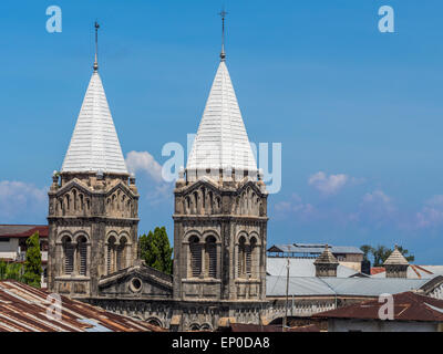 Horizontal photo of the towers of the Roman St. Joseph's Catholic Cathedral in Stone Town, Zanzibar, Tanzania, East Africa. Stock Photo