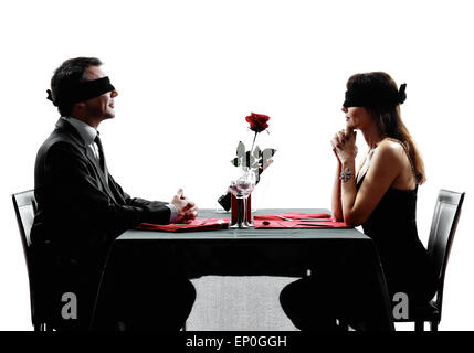 couples lovers dinning blind date in silhouettes on white background Stock Photo