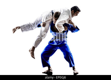 two judokas fighters fighting men in silhouette on white background ...