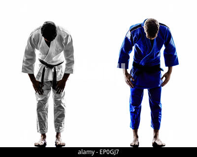 two judokas fighters fighting men in silhouette on white background Stock Photo