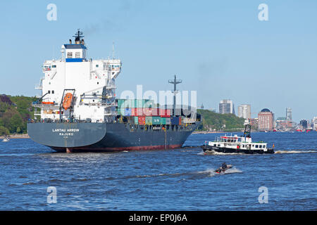 Container ship and pilot boat on River Elbe during 826. Harbour Birthday, Hamburg, Germany Stock Photo