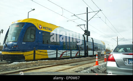 Green Line - St Paul to Minneapolis trial test train. The first run officially starts June 14 2014. St Paul Minnesota MN USA Stock Photo