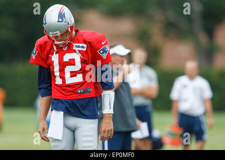 May 11, 2015 - FILE PHOTO - New England Patriots quaterback Tom Brady (12) suspended four games for punishment deflating footballs in the AFC Championship game. Pictured: May 11, 2015 - FILE PHOTO - New England Patriots quaterback Tom Brady (12) suspended four games for punishment deflating footballs in the AFC Championship game. Pictured: August 6, 2013: New England Patriots quarterback Tom Brady (12) looks down during the joint practice with the New England Patriots and the Philadelphia Eagles at the NovaCare Complex in Philadelphia, Pennsylvania. Christopher Szagola/Cal Sport Media Stock Photo