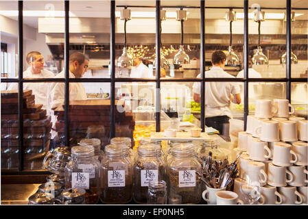 chefs working in the kitchen, The Lark in the Funk Zone, Santa Barbara, California, United States of America Stock Photo