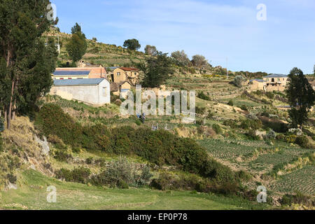 Houses with gardens on Isla del Sol (Island of the Sun) in Lake Titicaca, Bolivia Stock Photo