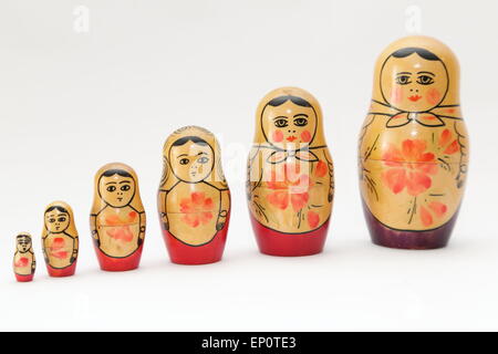 Russian doll, refers to a set of wooden dolls of decreasing size placed one inside the other. Stock Photo