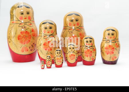 Russian doll, refers to a set of wooden dolls of decreasing size placed one inside the other. Stock Photo