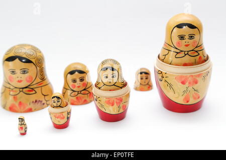 Russian doll, refers to a set of wooden dolls of decreasing size placed one inside the other. Stock Photo