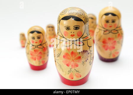 Russian doll, refers to a set of wooden dolls of decreasing size placed one inside the other. Stock Photo