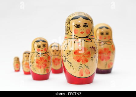 Russian doll, refers to a set of wooden dolls of decreasing size placed one inside the other. Stock Photo