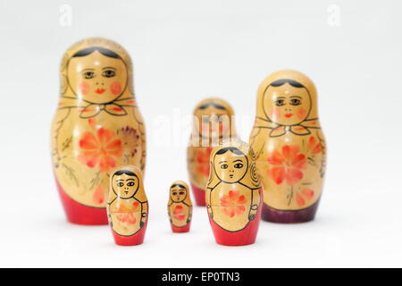 Russian doll, refers to a set of wooden dolls of decreasing size placed one inside the other. Stock Photo