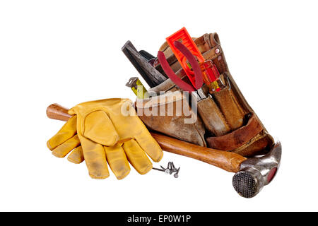 Carpenter tools, hammer, nails, screws, level, tape measure, screwdrivers, pliers and hacksaw isolated on black background Stock Photo