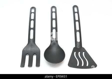 Various kitchen utensils on white background. Stock Photo