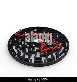 circular maze with black walls and red arrow path on a white background Stock Photo