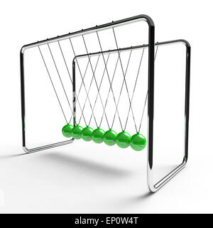 newton's cradle with green coloured balls suspended from metal frame on a white background Stock Photo