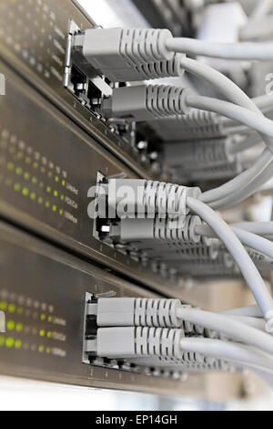 Patch Panel server rack with gray cords in the background Stock Photo