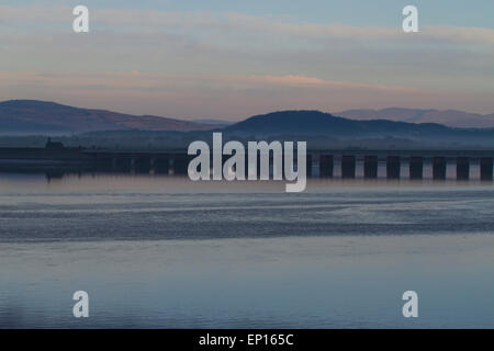 View across the Kent estuary to the viaduct in early morning. From Arnside, Cumbria, England. November. Stock Photo