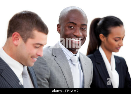 Self-assured multi-ethnic business people in a meeting against a white background Stock Photo