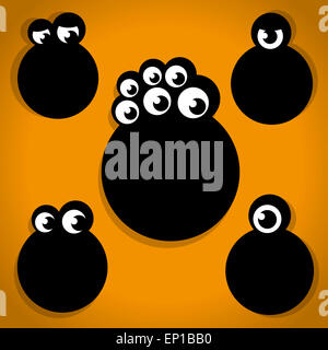 Five Scary Black Little Eyeball Monster Halloween Icons on Orange background Stock Photo