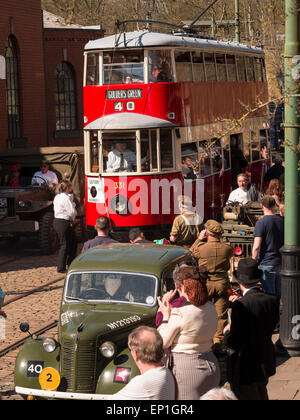 World war two enthusiasts reenact the era in period costumes and uniforms, at The National Tramway Museum,Crich,derbyshire,UK.taken 06/04/2015 Stock Photo