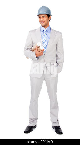 Ethnic architect wearing a hardhat against a white background Stock Photo