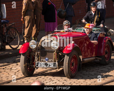World war two enthusiasts reenact the era with vintage cars, at The National Tramway Museum,Crich,derbyshire,UK.taken 06/04/2015 Stock Photo