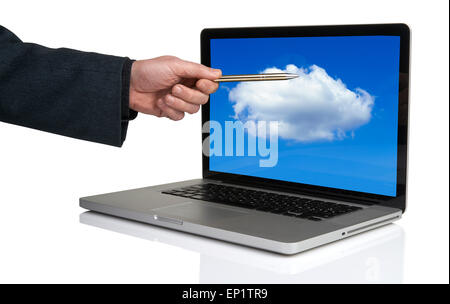 Men with laptop.  businessman pointing Cloud computing laptop with a pen Stock Photo