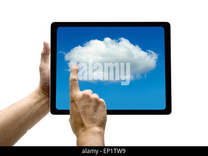 Hands with tablet computer and cloud screen. Isolated on white background. Stock Photo