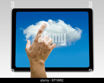 Holding and pointing to Cloud screen on digital tablet Stock Photo