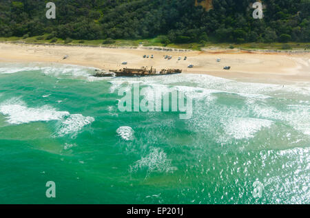 Aerial view of the Maheno Shipwreck which was washed ashore on Fraser Island by a cyclone in 1935, Fraser Island, QLD, Australia Stock Photo
