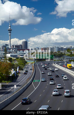 Northern Motorway and Skytower, Auckland, North Island, New Zealand Stock Photo