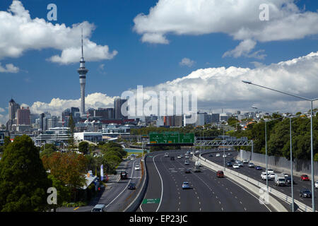 Northern Motorway and Skytower, Auckland, North Island, New Zealand Stock Photo