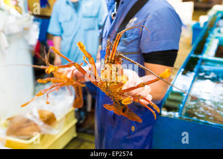 Male hands holding two lobsters at a market Stock Photo