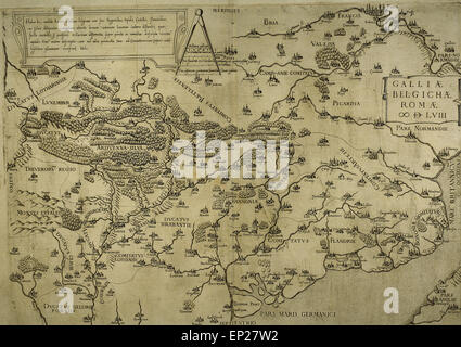 Map of Belgium, France and Luxembourg. Made by Michaelis Tramezini, 1558. Printed by Iacobus Bossius. Stock Photo