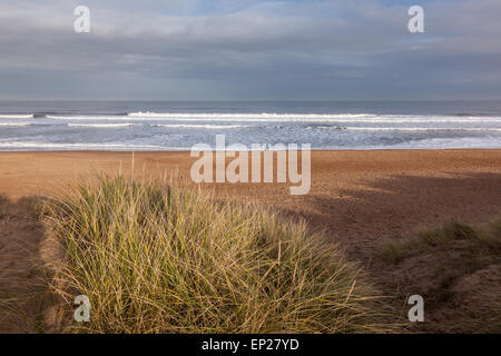A lone man walks along the beach at Blyth, Northumberland, UK Stock Photo