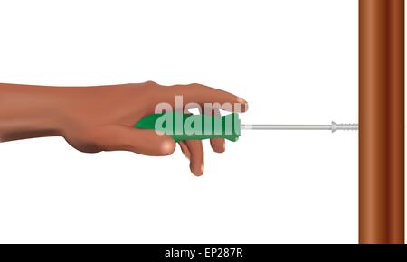 A Mans hand holding a green screwdriver driving a woodscrew into a wooden panel Stock Vector