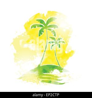 Palm Tree Tropical Island Water Grunge Color Summer Stock Vector