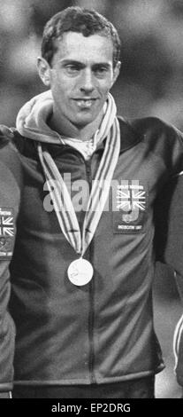Steve Ovett winner of the 800 metre at the 1980 Moscow Olympic Games during the medal ceremony at the Olympic stadium. 26th July 1980 Stock Photo