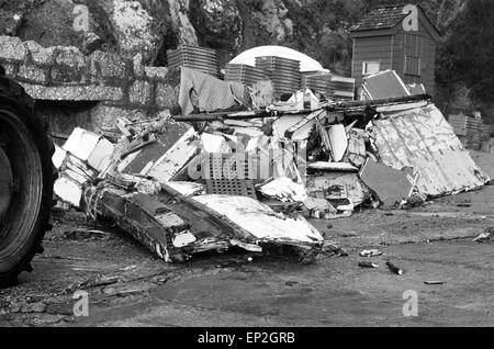 Penlee Life Boat Disaster pictures taken 20th December 1981. The Penlee life boat was launched from the Cornish village of Mousehole at exactly 20:12 on Saturday night (19th) after the freighter Union Star sent out distress call. At 21:22 coxswain Trevelyan Richards radioed that he had managed to get four people aboard. Then there was silence. All hope has now been abandoned for the lifeboatmen and the eight people from the freighter. The Union Star on its maiden voyage lays capsized and shattered at the foot of cliffs at Tater Du just along the coast from Mousehole. Stock Photo