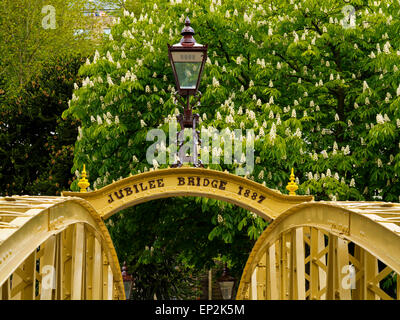 Jubilee Bridge over the River Derwent in Matlock Bath a village in the Derbyshire Peak District England UK Stock Photo